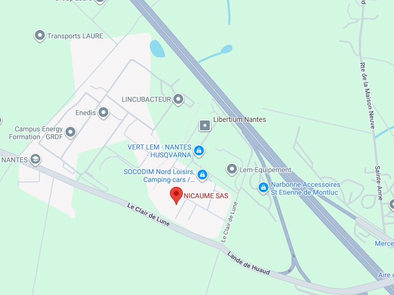 NICAUME SAS : Carte de localisation, accès zone Nantes. Carte de la zone commerciale de St Etienne de Montluc/Nantes. Localisation de NICAUME SAS (Le Clair de Lune), près de SOCODIM et Narbonne Accessoires.