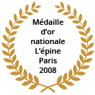 Couronne de laurier dorée, symbole de victoire et de prestige, encadrant une forme noire masquant l'inscription centrale.