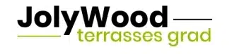 Logo de la marque JolyWood, avec le texte secondaire en vert lime "terrasses grad" et des lignes décoratives contrastées.