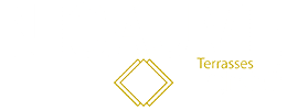 Logo géométrique double diamant de couleur or, accompagné du texte "Terrasses" dans la même teinte.