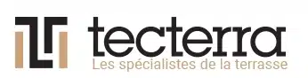Logo tecterra. Monogramme abstrait noir et beige/brun représentant des montants verticaux. Tagline : Les spécialistes de la terrasse.